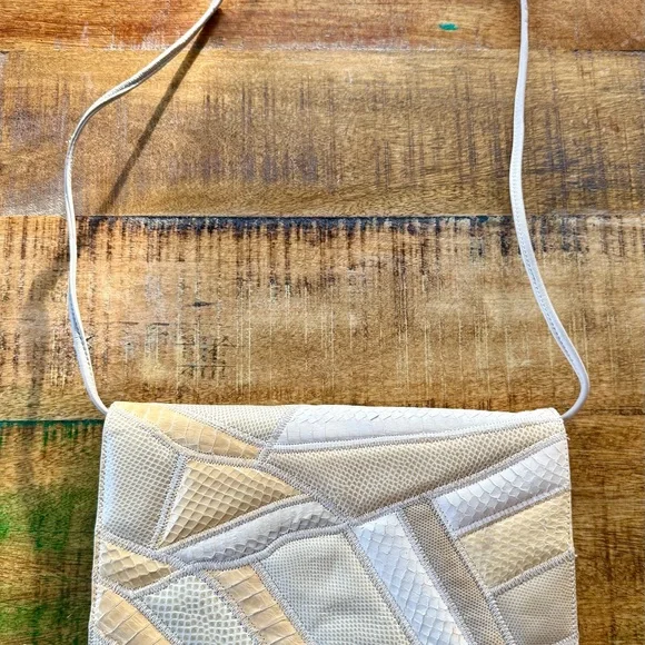 🐍 Vintage Varon Snakeskin Leather Beige and yellow Patchwork Women's Bag - Picture 9 of 14